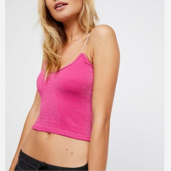 NWOT Free People Brami‎ Crop Tank Top Skinny Strap Metallic Seamless Pink Sz M/L - Picture 1 of 6